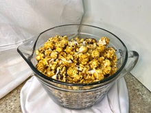 Load image into Gallery viewer, Black Tie popcorn which is caramel corn drizzled with dark and white chocolates.
